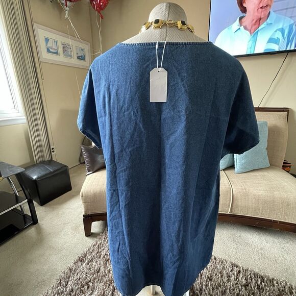 Women's XXL Denim Midi Dress Modest Country Western Short Sleeve Pockets Boho - Picture 6 of 12